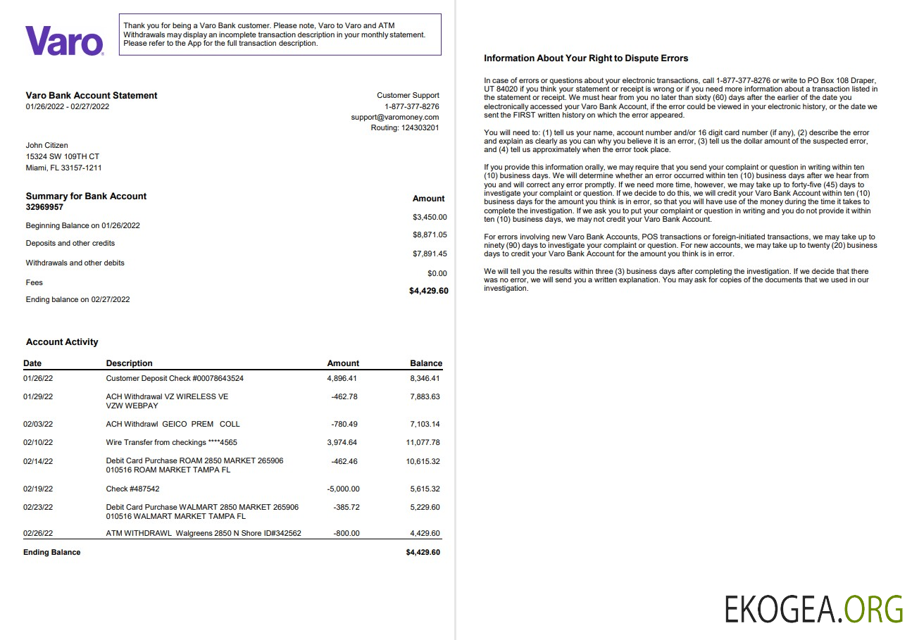 Relevé bancaire USA Varo 2 pages, version 2